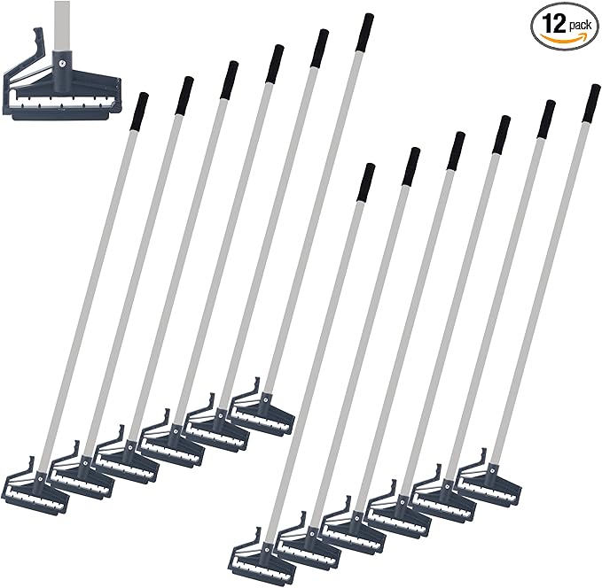 Matthew Easy Trigger Release Mop Handle 60 inch Metal Mop StickCommercial Mop Head Replacement Holder for Floor CleaningClip On Mop Handle Quick Change for Wet Mop Handle - 12Pack Gray