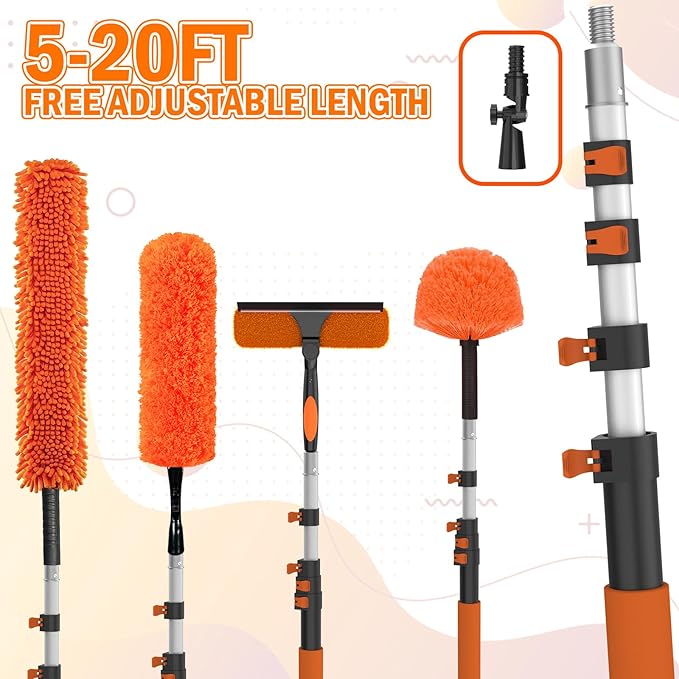 26FT High Reach Duster Cleaning Kit with Extension Pole High Ceiling Fan Cleaner Duster Tool for Fan Blades Window Washing Kit with Microfiber Feather Duster &amp Window Squeegee &amp Bucket