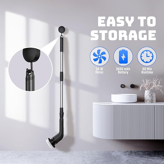 Shower Scrubber with Long Handle - Bathroom Power Electric Spin Scrubber for Cleaning Bathtub with 7 Brush Heads - Cordless IPX7 Waterproof Automatic for Grout Tile Tub Toilet Car