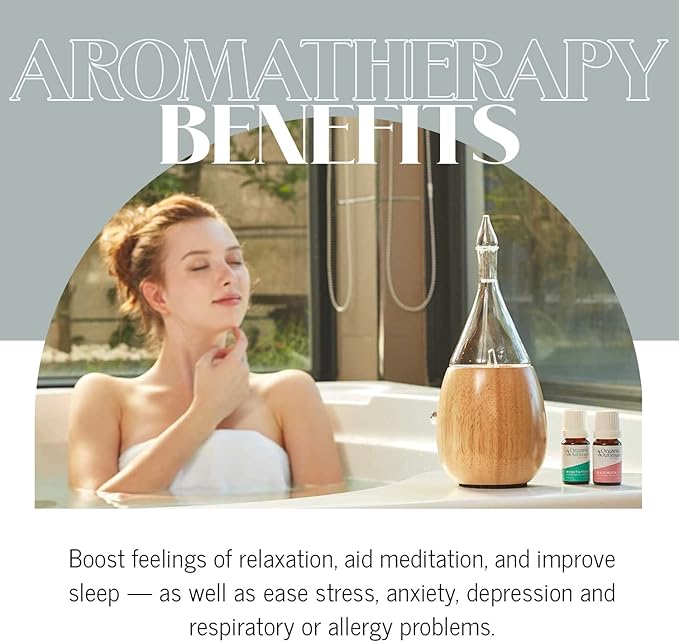 Raindrop 2.0 Aromatherapy Diffuser for Essential Oil Waterless Glass Nebulizer w/Auto-Off Switch BPA Free - Black