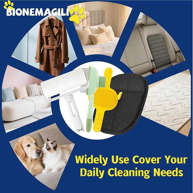 New BIONEMAGILI 4-in-1 Pet Hair Removal Kit - Refillable Lint Roller + Self-Cleaning Deshedding Comb + Electrostatic Glove + Soft Rubber Bath Brush Multi-Surface Hair Remover for Cats/Dogs/Blue