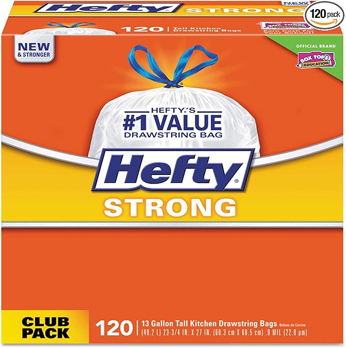 Hefty E84562 Strong Tall Kitchen Drawstring Bags 13 gal 0.9 mil 24 x 27.75-Inch White 120/BX