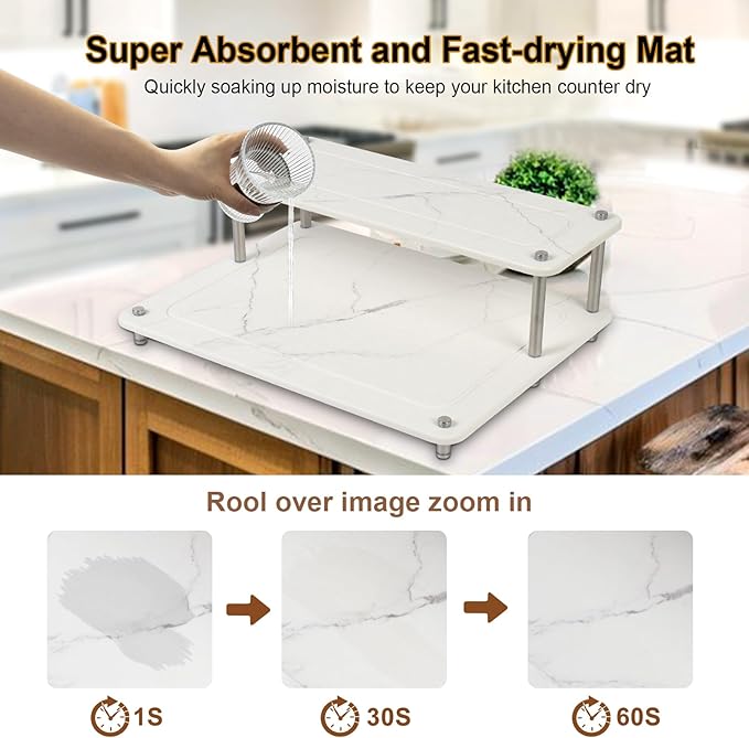 Stone Drying Mat for Kitchen Counter Double-layer Stone Drying Rack Super Absorbent Diatomaceous Earth Stone Dish Dry Mat with Non-Slip Stainless Steel Feet for Kitchen/Bedroom/Bathroom Supplies