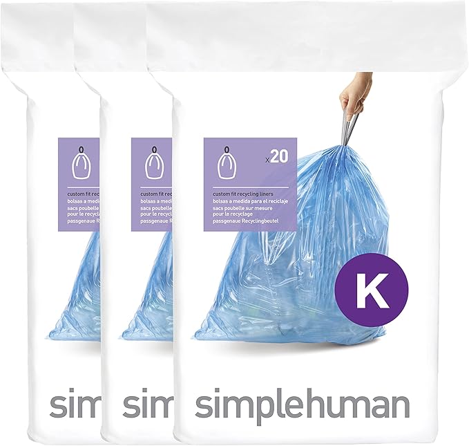 simplehuman Code K 60 Count Genuine Custom Fit Liners Drawstring Trash Bags in Dispenser Packs 35-45 Liter / 9.2-12 Gallon Blue