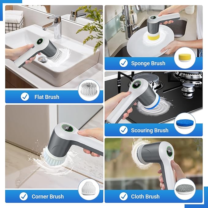 Electric Spin Scrubber Cordless Shower Scrubber with Battery Level Display 2 Speeds Electric Scrubber for Cleaning with 6 Replaceable Heads Cleaning Brush for Bathroom/Sink/Window (Gray)