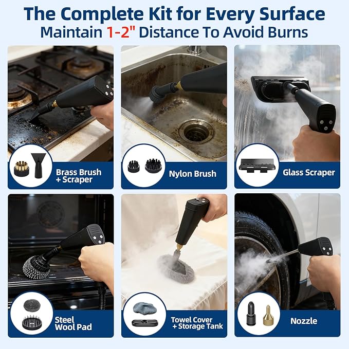 Steam Cleaner Portable Steamer for Cleaning with 15pcs Accessories 6-Level Adjustable Handle15s Heat-Up 1500W Pressurized Handheld Steam Cleaner for HomeKitchen Bathroom CarTileGrout