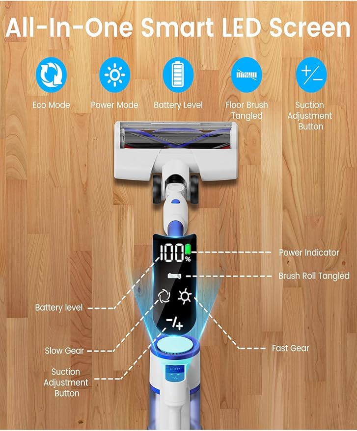 Vacuum Cleaner450W Powerful Suction 50-Min Long Runtime Anti-Tangle Brush Smart LED Display Lightweight Cordless Stick Vacuum Cleaner for Pet Hair Hard Floors Carpet &amp Home