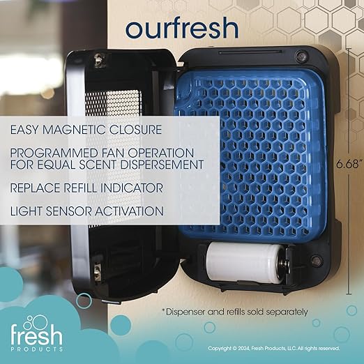 Fresh Products ourfresh 2 Air Freshener Replace Metered Aerosol with Dry Fragrance 30 Day Use Medium Sized Spaces Light Activated Battery Operated Batteries Included Cotton Blossom 8 pk