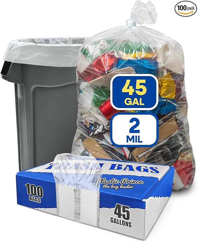 40-45 Gallon Trash Bags Heavy Duty 2 Mil Fit Rubbermaid Brute Rollout Round and Square 32-44 gal Trash Cans 40 x 46 Trash Liners Clear Pack of 100