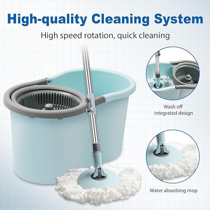 Spin Mop and Bucket Mop and Bucket with Wringer Set for Home 360 Spinning Mop Bucket Floor Cleaning Tool with 3 Microfiber Mop Replacement Head Refills50 Extended Handle for Floor Cleaning Home