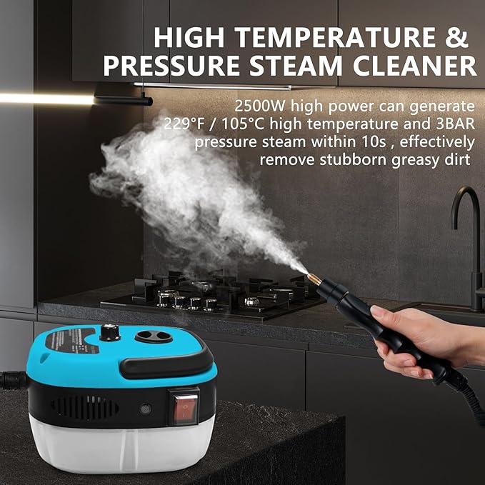 Handheld Steam Cleaner 2500W Pressurized Steam Cleaner with 3 Brush Heads Portable Steam Cleaner for Home Car Furniture Kitchen Bathroom and Wall Blue