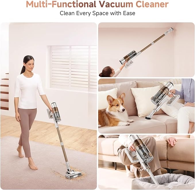 Cordless Vacuum Cleaner - 40KPA Powerful Suction Cordless Stick Vacuum Cleaners for Home Anti-Tangle Brush Lightweight 6-in-1 Rechargeable Vacuum for Pet Hair/Carpet/Hard Floor(Off-White)