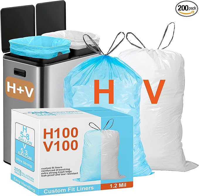Code H 100 Blue &amp V 100 Count White Heavy Duty Trash Bags 1.2 Mil THICK Compatible with simpIehuman Code H&ampV Garbage Can Liners Reinforced Drawstring Trash Bags 200 TOTAL GRAND SAVE!