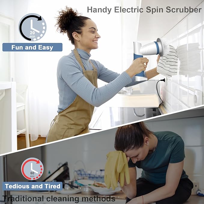 Electric Spin Scrubber IEZFIX Electric Cleaning Brush Bathroom Shower Scrubbing Cleaner Brush Power Scrubber Cordless with 4 Replaceable Brush Heads for Bathtub Tile Floor Toilet Kitchen - Blue