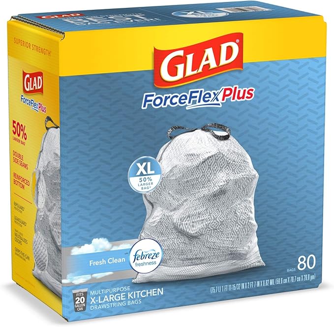 Glad Trash Bags Force Flex Kitchen Pro Drawstring Garbage Bags Fresh Clean 80 Count