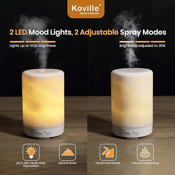 Koville White Marble Essential Oil Diffuser - Ultrasonic Aromatherapy &amp Humidifier with 2-Color LED Lights 110ML Decorative Marble Aromatherapy Diffuser Auto Shut-Off Scent for Home Office Yo
