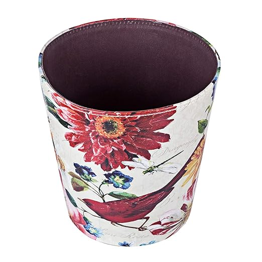 Leather Trash Can Retro Decorative Waste Basket 10L Capacity Small Waste Paper Basket Waterproof Garbage Can for Bathroom Bedroom Office Kitchen and Living Room - Red Bird