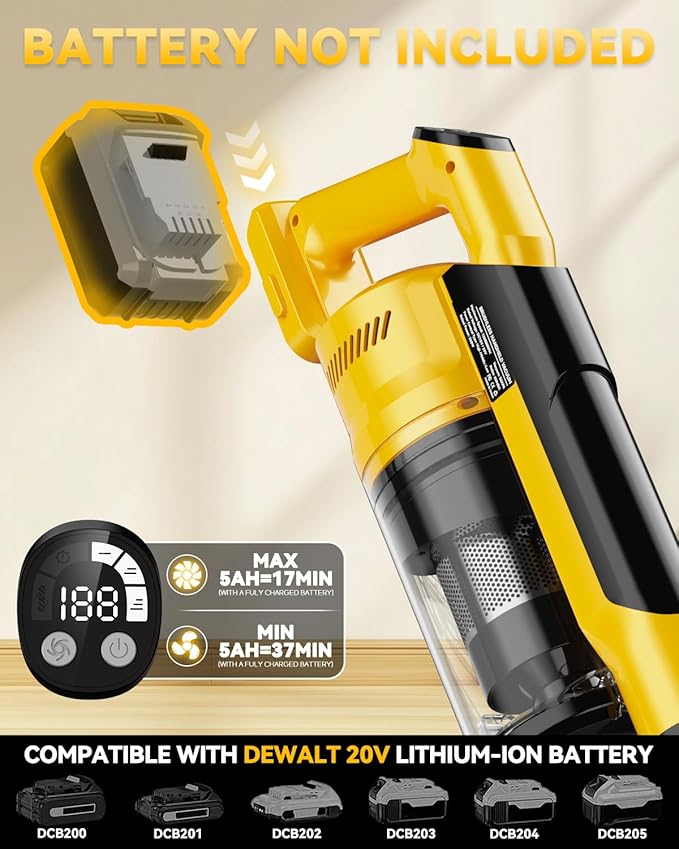 350W Cordless Vacuum Cleaner for Dewalt 20v Battery 35kPa Brushless Lightweight Stick Vacuum with 3 Mode Suction 6 in 1 Stick Vacuum Cleaner with HEPA for Floor Carpet Car (Battery Not Included)