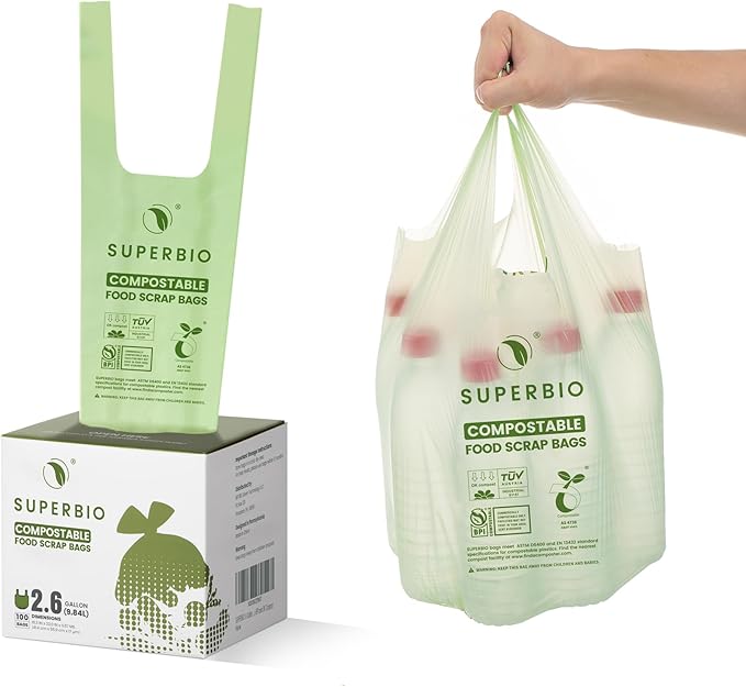 SUPERBIO 2.6 Gallon Compostable Bags with Handles 100 Count1 Pack Food Scrap Bags Certified by BPI and OK compost INDUSTRIAL 9.84L
