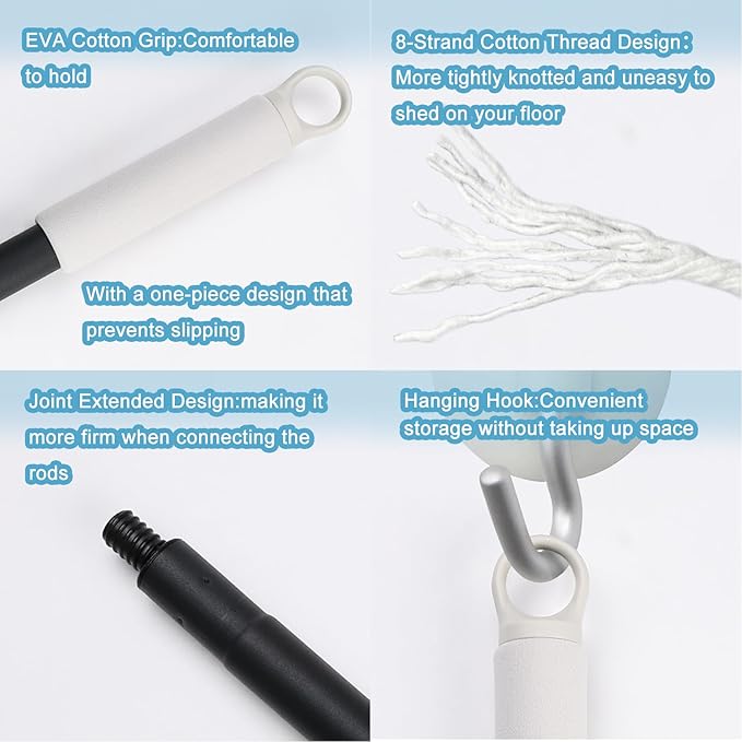 Indoor Mop for Floor Cleaning - Cotton Mops for Floor Cleaning 52-inch Simple Mops for Cleaning Living Rooms Bathrooms and Kitchens.