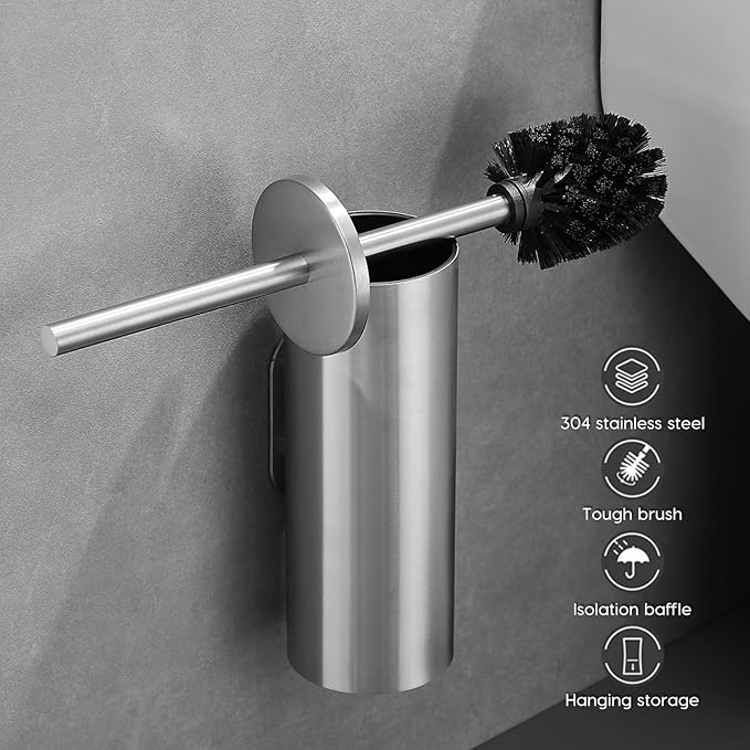 Brushed Stainless Steel Toilet Brush and Cover No-Punch Hook Base Dual Purpose Toilet Brush Holder with Removable Inner Bucket and Splash Cover - Soft Bristles (Brushed)
