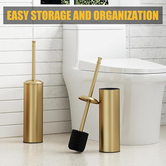 BESy Toilet Brush and Holder Toilet Cleaner Bowl Set with Two Brush with Extra Long Handle Durable Bristles Toilet Scrubber and Covered Holder Drip-Proof Stainless Steel Brushed Gold