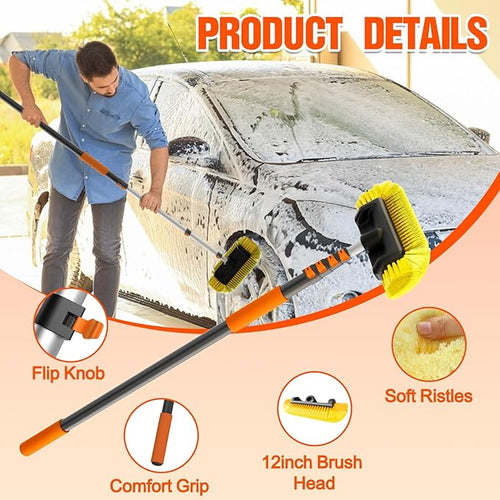 16FT Car Wash Brush with Long Handle Car Cleaning Brush with 12 Inch Soft Bristle Solar Panels Cleaner with Telescoping Pole for RV Truck Boat House Siding