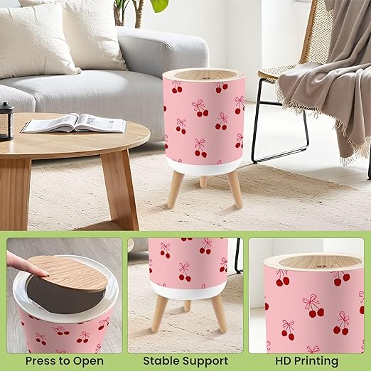 Bathroom Trash Can with Lid Seamless Abstract Cherries Coquette Bows for Packaging Fabric Room Garbage Bin Waste Basket for Kitchen Office Bedroom Decoration Diaper Pail 1.8 Gallon