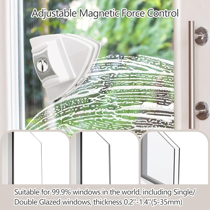 Magnetic Window Cleaner Tool Glass Wiper Adjustable Magnet Window Washer Double-Sided Windows Cleaning Brush for High-Rise Single/Double Glazed Windows Thickness 0.2''-1.4''(5-35mm)