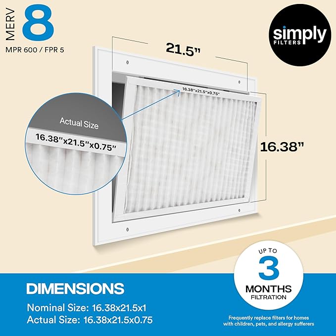 Simply 16.38x21.5x1 Air Filter Merv 8 6 Pack For Home AC Furnace &amp HVAC (Actual Size: 16.13x21.5xx0.75) DUST Pet &amp Allergy Control