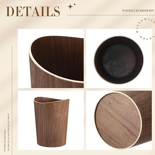 2 Pack 2.3 Gallons Wood Trash Can Wastebasket Natural Wood Round Wastebasket Small Trash Bin for Home Office Under Desk Kitchen Bedroom Den Hotel Room (Dark WoodWavy)
