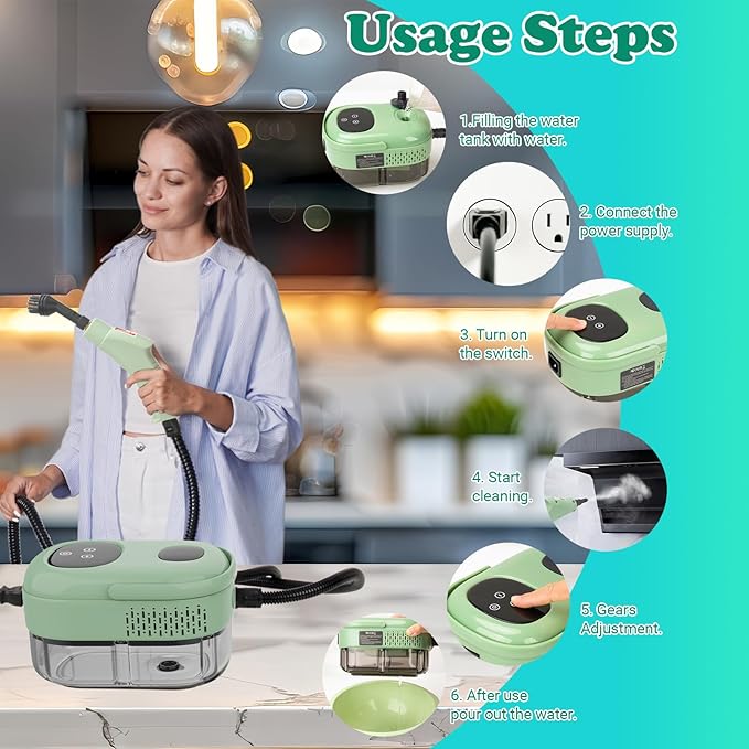 2500W Handheld Steam Cleaner for Home &amp Car 1.1L Portable High-Pressure Steamer 10s Fast Heat-Up 6-Level Adjustable Steam Multipurpose Cleaning Kit – Green