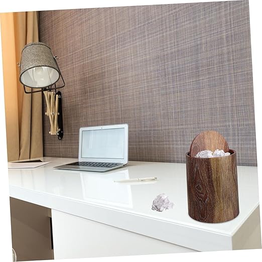 VOSAREA Wastebasket Swing Lid Imitation Wood Grain Plastic Home Office Bedroom Trash Bin Easy to Clean Modern