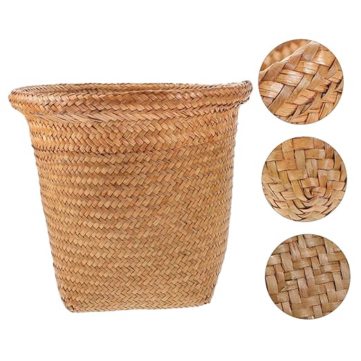 Healifty Straw Woven Wastebasket Medium Handwoven Household Waste Can for Office Bedroom Bathroom Home Rustproof Rubbish Container with Neat Edges for Easy Waste Paper Disposal Random Color