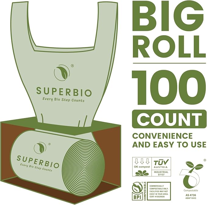 SUPERBIO 2.6 Gallon Compostable Bags with Handles 100 Count1 Pack Food Scrap Bags Certified by BPI and OK compost INDUSTRIAL 9.84L