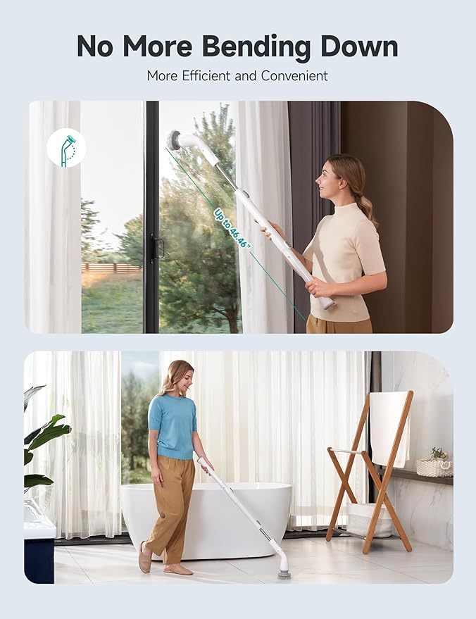 HiCOZY Electric Spin Scrubber HS1 Cordless Shower Scrubber for Cleaning with 4 Replaceable Brush Heads Adjustable Extension Handle IPX7 Waterproof Cleaning Brush for Bathroom Floor White