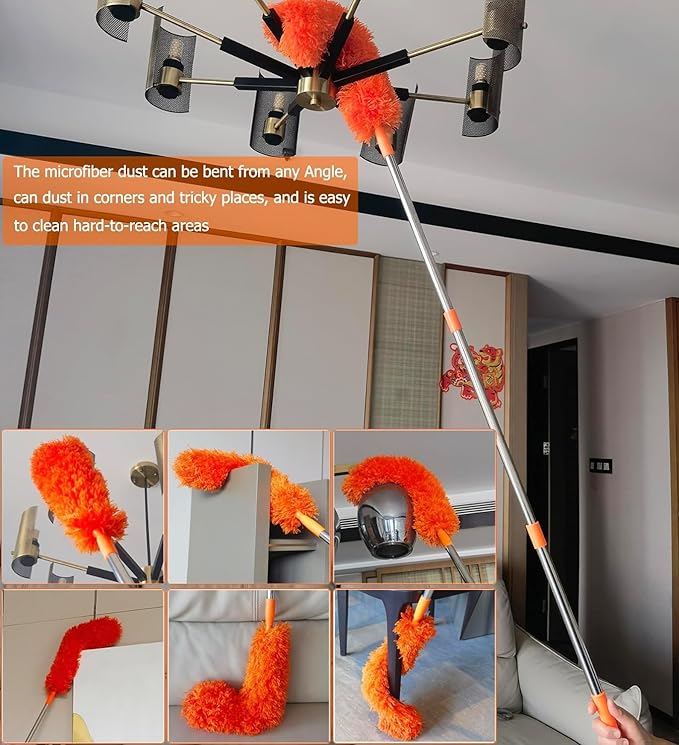 20+ Feet High Reach Dusting Kit with 3-14 ft Extension Pole //2 in 1 Window Cleaning Kit // High Ceiling Duster // Cobweb Microfiber Duster // Outdoor &amp Indoor Extendable Duster Cleaning Kit