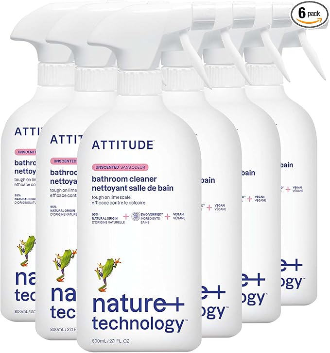 ATTITUDE Bathroom Cleaner Spray EWG Verified Plant-Based &amp Vegan Safe for Bathroom Surfaces Tiles Tubs Shower Walls and Grout Unscented 27.1 Fl Oz (Pack of 6)