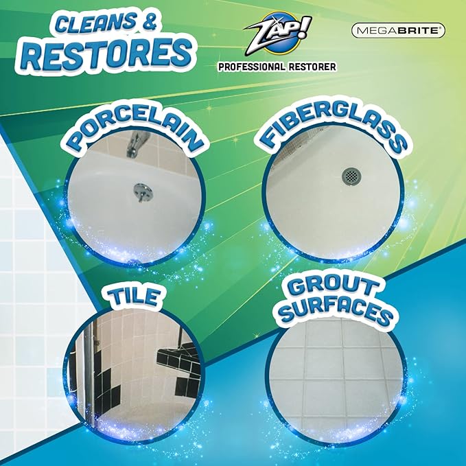 ZAP! Professional Tile &amp Grout Restorer | Cleans &amp Restores Porcelain Fiberglass Tile &amp Grout Surfaces | Rust &amp Hard Water Remover | Kitchens &amp Bathroom Porcelain Sinks Toilets