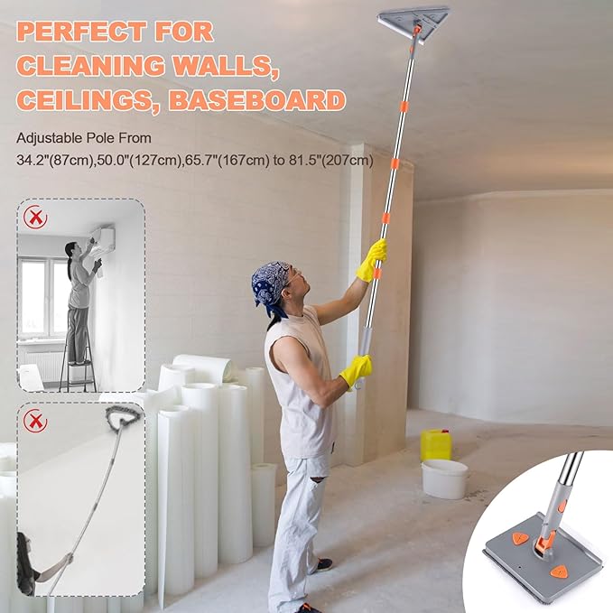 Adjustable Baseboard Cleaner Tool with 81.5'' Handle 360° Rotatable Wall Cleaner Mop 180° Flipping Ceiling Cleaning Mop Tool with 2 Mops 8 Reusable Pads for Walls Baseboard Window Floor