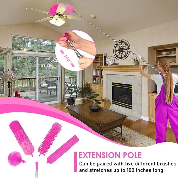ThinkLearn Microfiber Dusters for Cleaning14PCS Feather Dusters with Extension PoleBendable Washable and Extendable Duster for High Ceilings Fans and Blinds House Cleaning Kit Pink Gift for Women