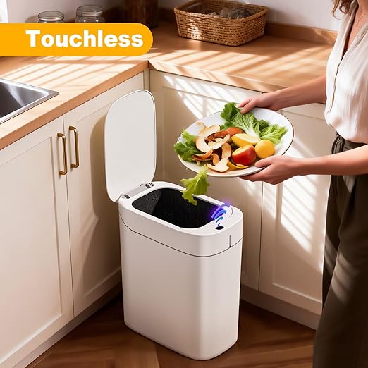 MOPUP Bathroom Trash Can Automatic Bagging Garbage Can 3.5 Gallon Slim Smart Small Plastic Trash Bin Narrow Motion Sensor Trash Can for Bedroom Office White