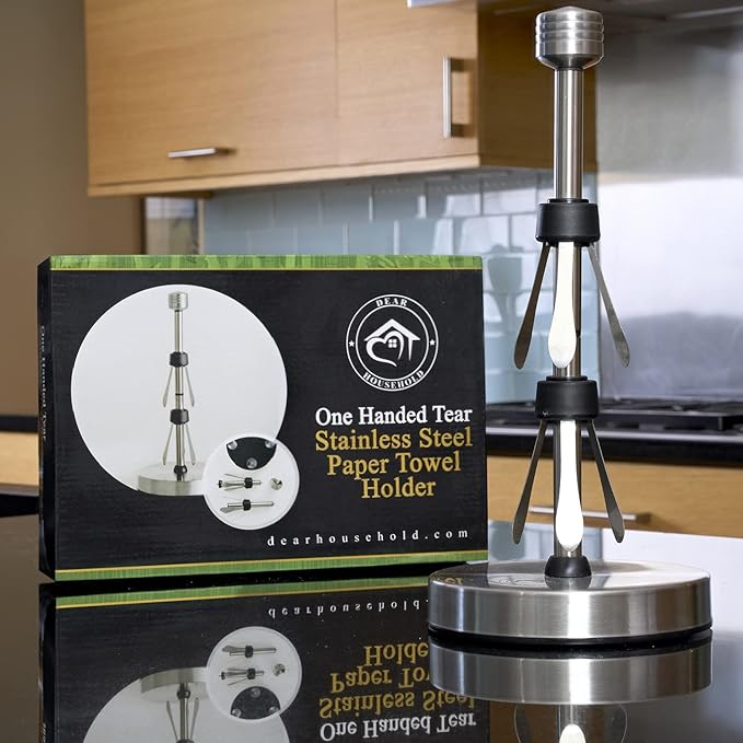 Heavy-Duty Stainless Steel Paper Towel Holder - Easy One-Handed Tear with Suction Cups - Modern Weighted Standing Countertop Dispenser for Kitchen - Holds All Paper Towel Rolls Silver