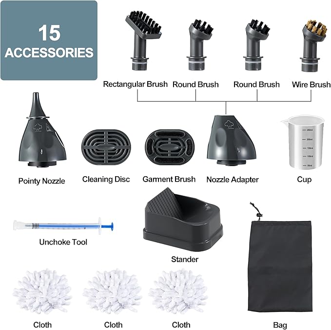 Spurgehom Handheld Steam Cleaner 25S Quick Heating Portable Steamer with Visible Water Level15-Piece Accessory Set Fast Heating for Car Carpet Upholstery Couch Tile Windows Cleaning