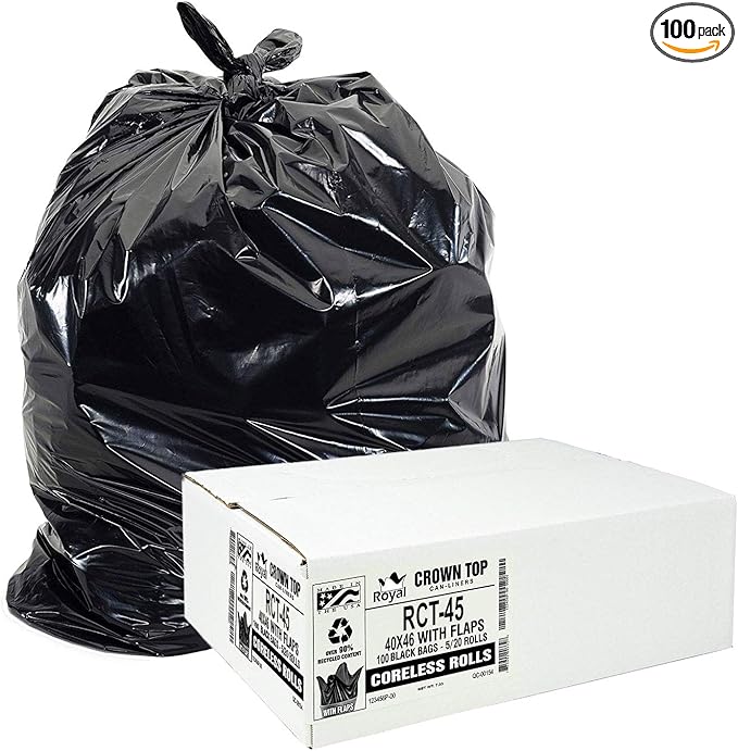 Aluf Plastics RCT-45 Star Sealed Coreless Rolls with E-Z Tie Flap Closure 45 gal Polyethylene 40 x 46 Black (Pack of 100)