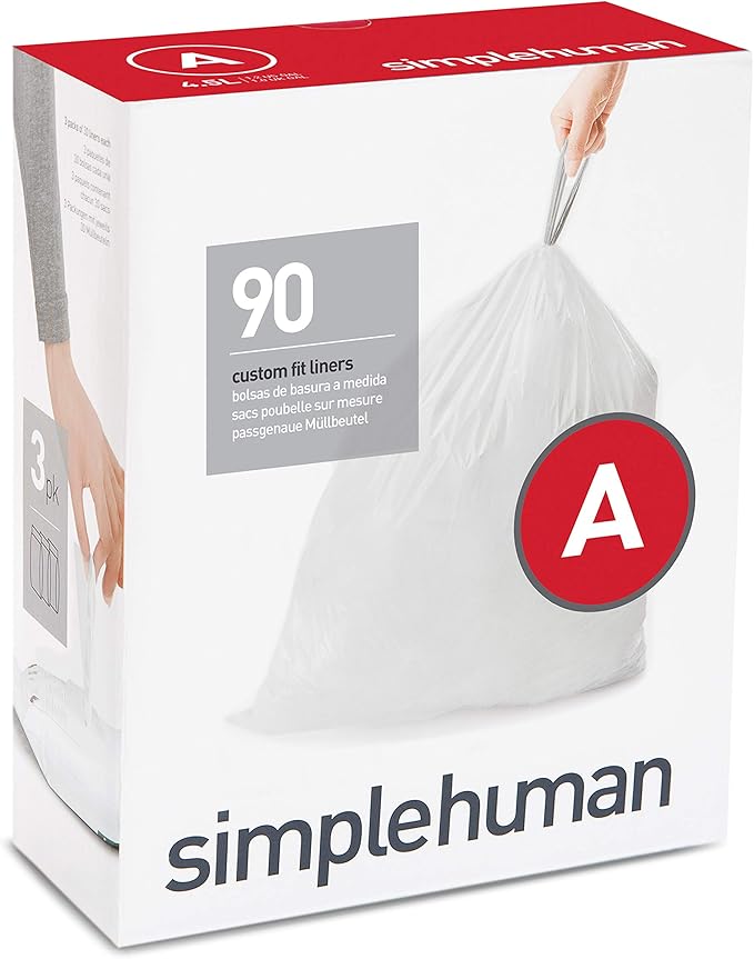 simplehuman 6 Liter / 1.6 Gallon Semi-Round Bathroom Step Trash Can Brushed Stainless Steel &amp Code A Custom Fit Drawstring Trash Bags 4.5 Liter / 1.2 Gallon 90 Pack White 90 Count