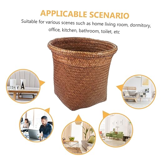 Happyyami Waste Holder Straw Woven Waste Paper Basket Decorative Small Wastebasket for Home