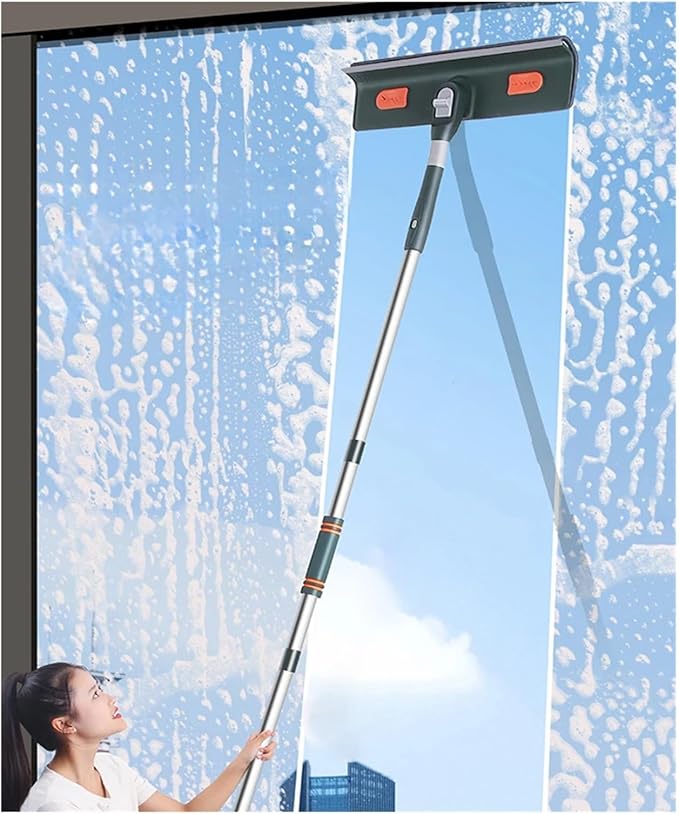 180° Rotatable Long Handle Window Mop – Glass Cleaner with Silicone Scraper and Brush – Household Cleaning Tool for High Windows(138cm - Hooks)