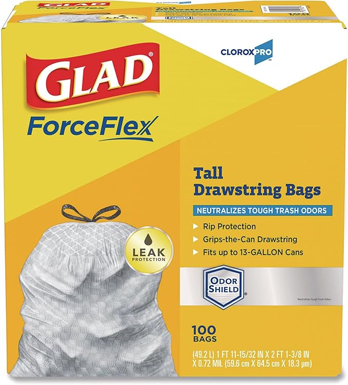 Glad ForceFlexPlus Tall Kitchen Drawstring Trash Bags -13 Gallon White Trash Bag OdorShield -100 Count (Packaging May Vary) Pack of 6