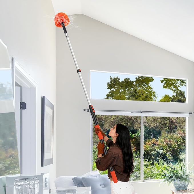 26FT Cobweb Duster with Extension Pole - High Reach Duster for High Ceilings &amp Outdoor Use - Telescoping Pole 5-20 Ft Soft Bristles Cobweb Cleaner - 3/4 Acme Universal Thread